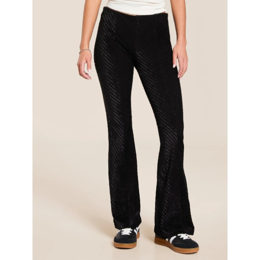 Free People Velvet Flare Pants L Black Ribbed High Rise Pull On Retro 70s Boho